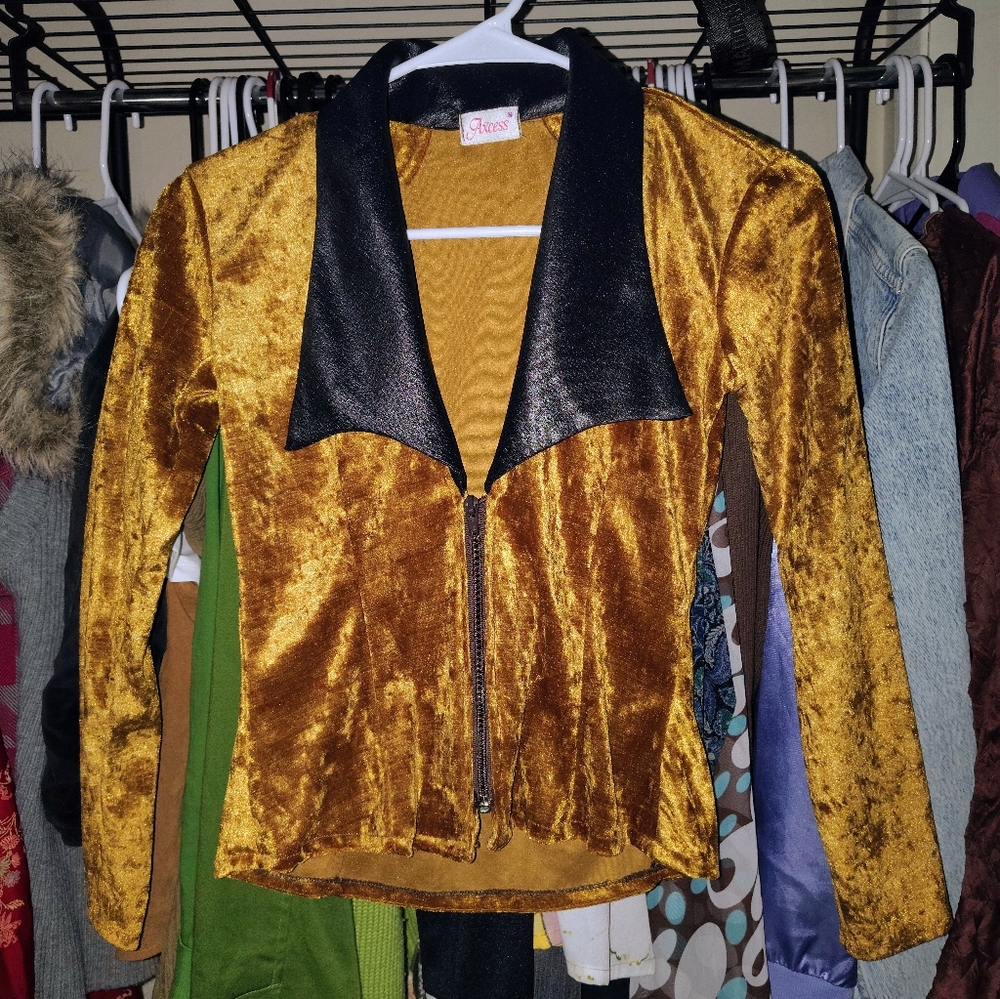 Women's Gold Velvetlike Zip-Front Jacket with Pleather Black Collar